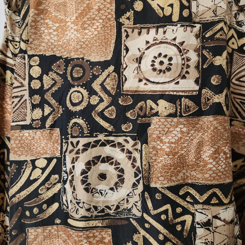 Vintage Gold Silk Blouse Medium Tribal Print Funky Multi Silk Ncounters 80s 90s - Picture 9 of 14